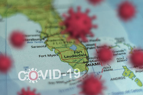 An image of COVID molecules on the map of Florida. 