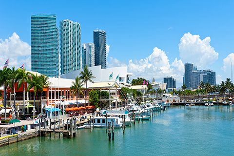 A stock photo of Bayside Marketplace in Downtown Miami, Florida.