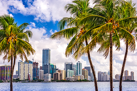 A stock photo of the Miami skyline from Miami Beach, Florida.