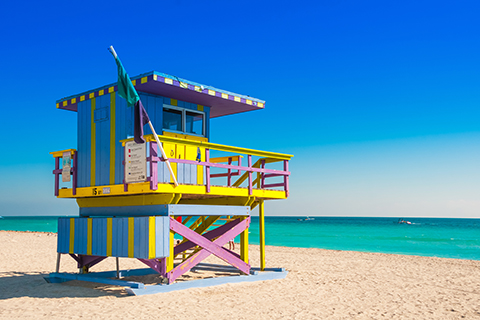 A stock photo of a lifeguard station on Miami Beach, Florida.