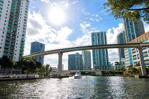 A photo of the Miami River in Downtown Miami, Florida.