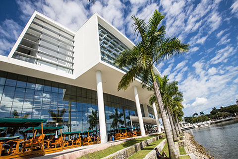 An angled view of the Shalala Student Center at the University of Miami Coral Gables campus.