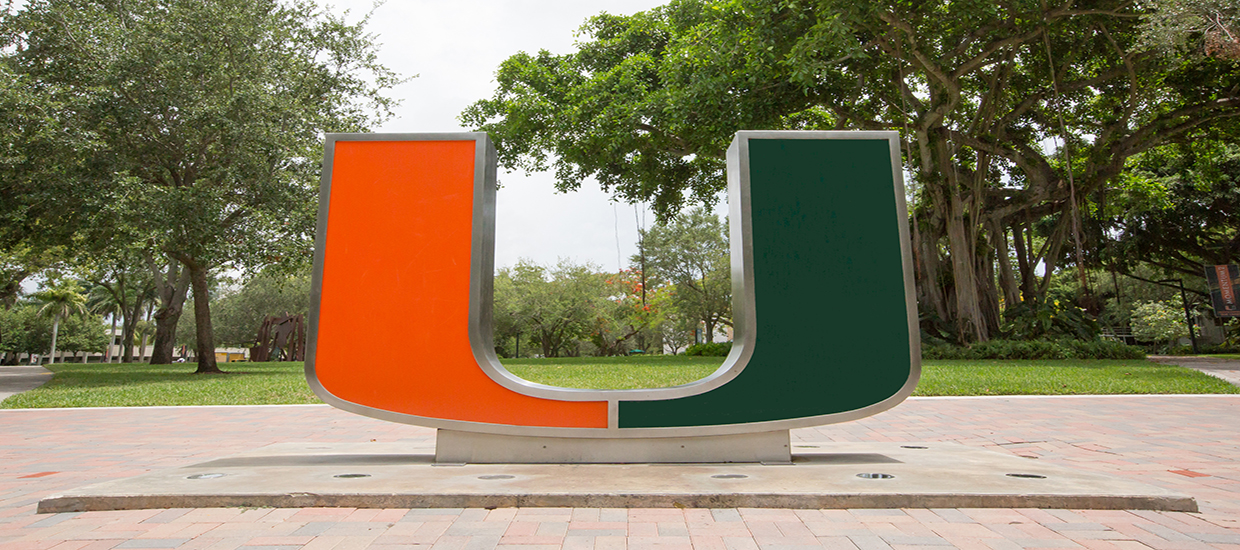 A photo of "The Rock" which is a statue of the iconic orange and green "U" that represents the University of Miami.
