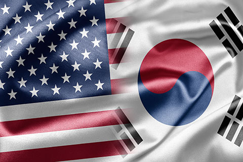 This is a stock photo. The American flag and the South Korean flag.