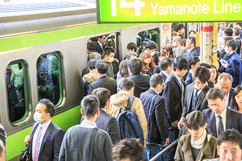 This is a Shutterstock photo. Photo credit to Benny Marty. A crowded metrorail car, the Yamanote Line, in Tokyo, Japan.