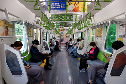 This is a Shutterstock photo. Photo credit to Yufinn. A socially-distant metrorail car, the Yamanote Line, in Tokyo, Japan.