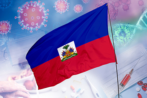 The Haitian flag in front of molecules and DNA strands. 